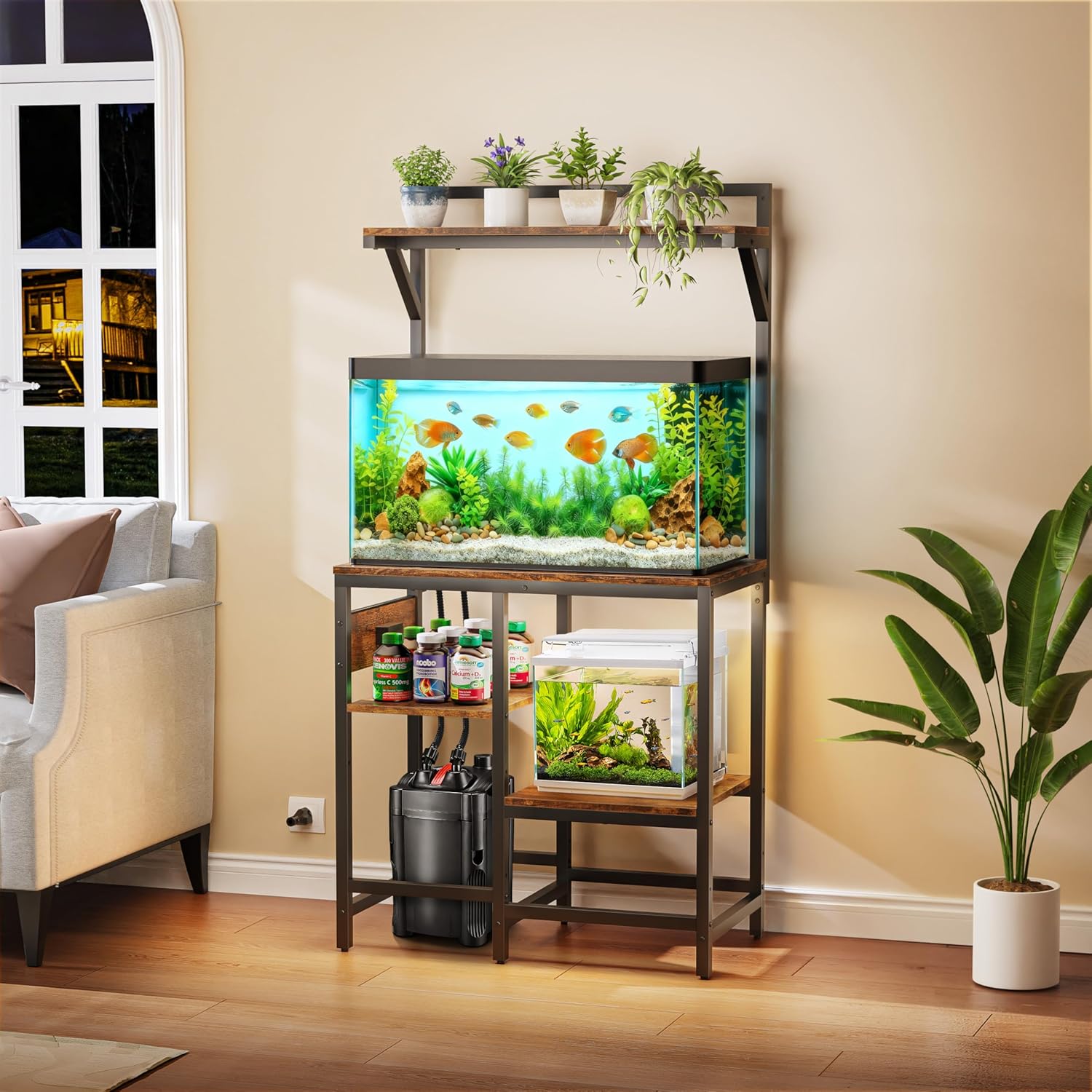 20-29 Gallon Fish Tank Stand, Aquarium Stand with Power Outlet, Heavy-Duty Reptile Terrarium Stand Table with 6-Leg Support and 4-Tier Adjustable Storage Shelves