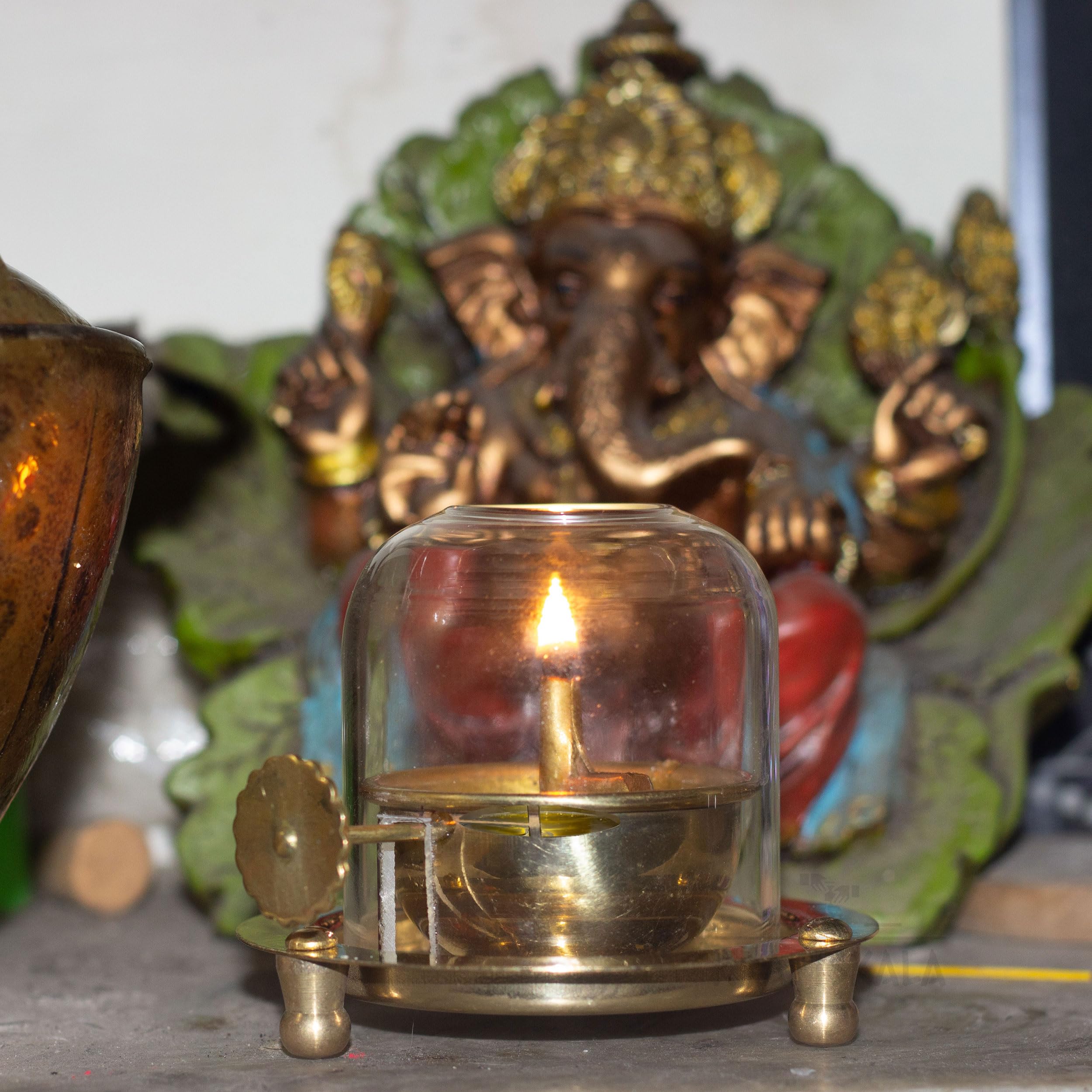 Kraftskala Brass Akhand Oil Diya 3x3.5 inch with Clear Glass Cover | Rotating Lifting Wick | Perfect for Spiritual Decor, Hindu Rituals, Diwali Festive Gifts 1