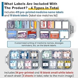 3 Pack 14 Grids Travel Pill Organizer Box with 415-Pcs Medicine Name Labels - Pocket Daily Pharmacy Case Container Kit - Travel Medication Holder Dispenser for Fish Oil Vitamin, Khaki+Grey+Sky Blue