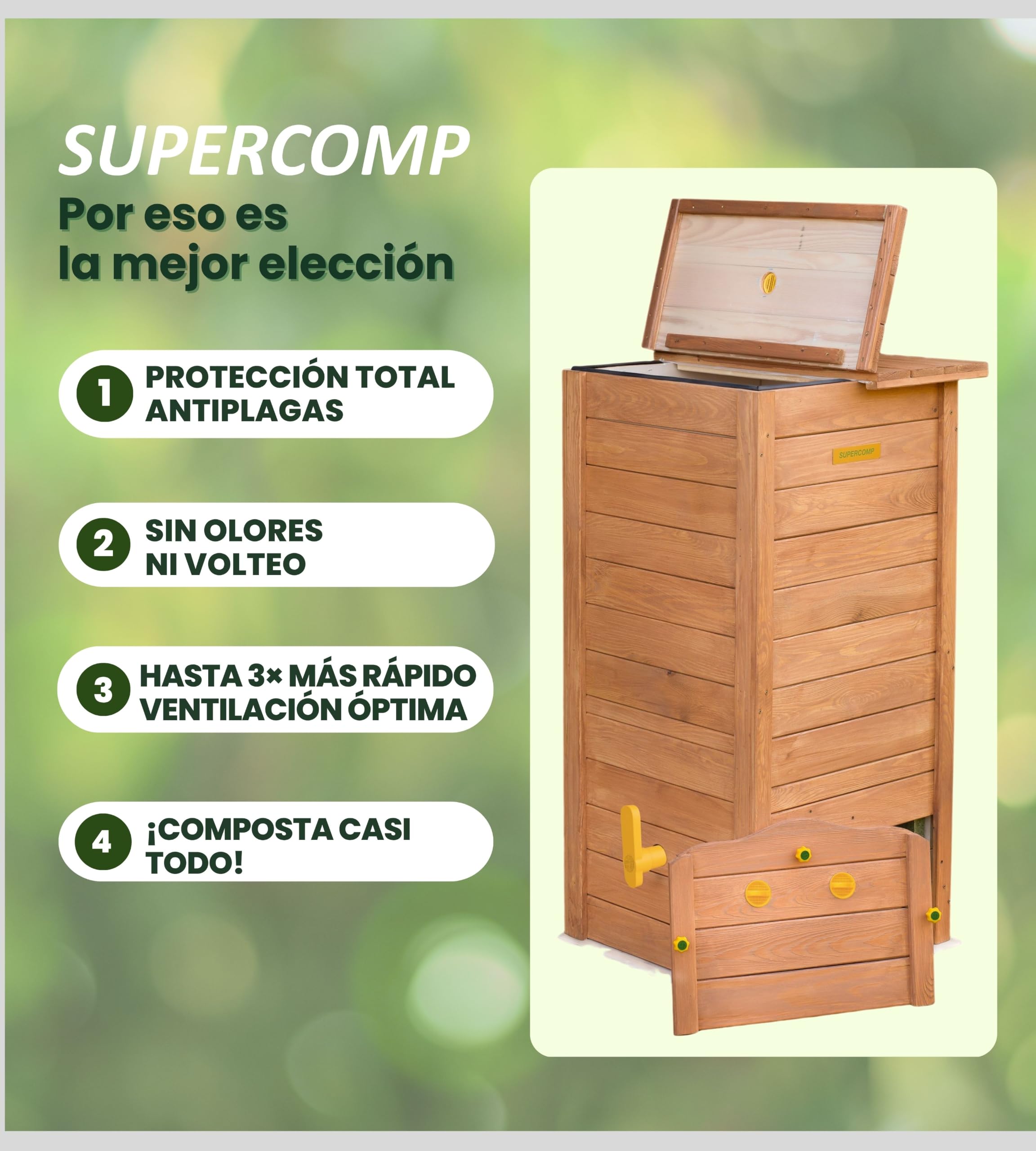 SUPERCOMP Compostador de Madera 340 L para Jardín con Protección Antiplagas y Antirroedores, Compostaje sin Olores ni Volteo, Aireación Vertical, Tapa y Base Incluidas | Compostador rápido de madera con tapa y base, protección contra plagas, juntas y reji