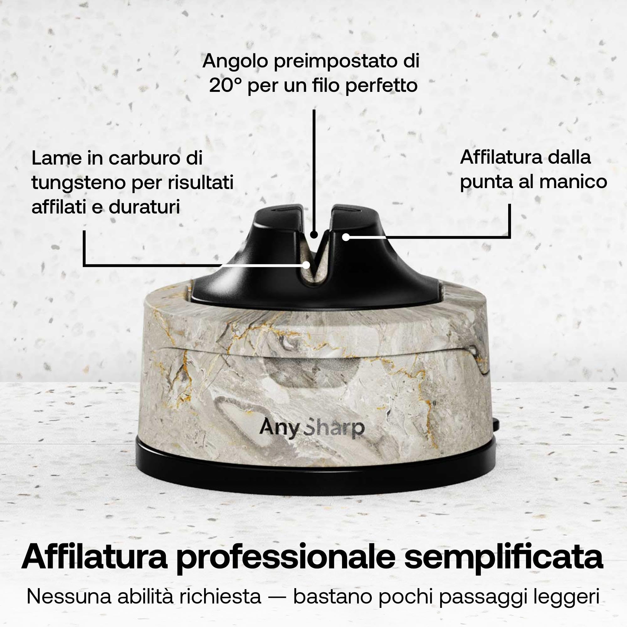 AnySharp Evo Affilacoltelli, Sicurezza Mani Libere, Potente Suzione PowerGrip, Affila Sicuramente Tutti i Coltelli da Cucina, Ideale per Acciaio Temperato e Dentati, Il Migliore del Mondo, Pietra