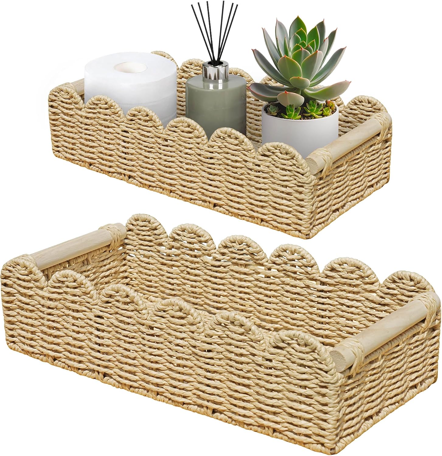 2 Pack Scalloped Wicker Storage Baskets with Wood Handle | Decorative Handwoven Wicker Bins, Ideal for Toilet Tank Tops, Shelves, Living Room, Bedroom, End Table, Kitchen and More.