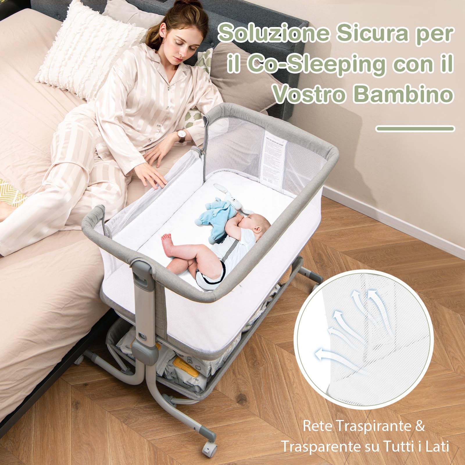 COSTWAY Culla Neonato con Matterasso, Culla Next to Me Piechevole con Altezza Regolabile a 6 Livelli, Lettino Bambino con Mensola Portaoggetti, Borsa da Trasporto, per Bambini 0-6 Mesi (Grigio Chiaro)