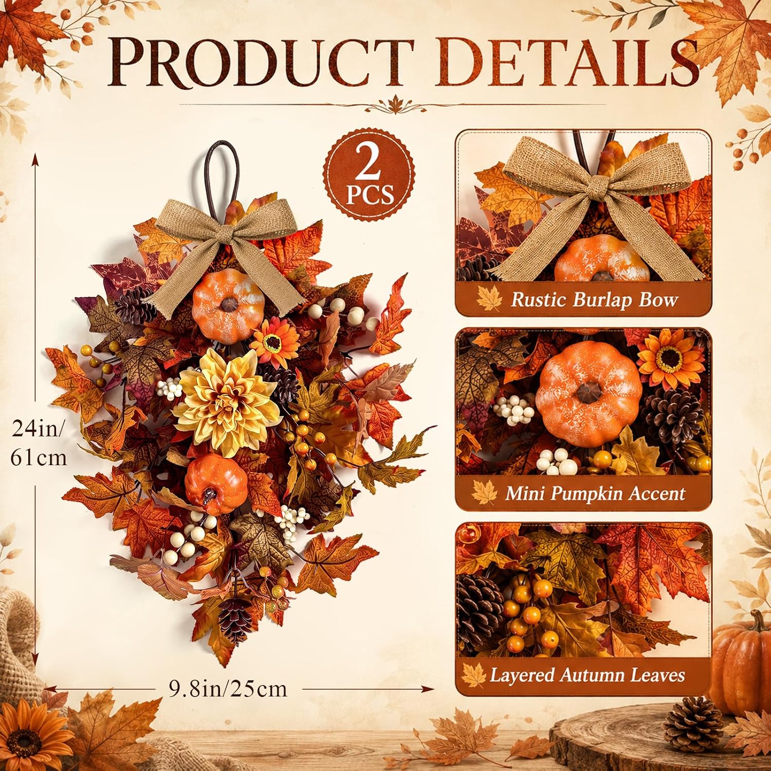 2 PCS 24'' Fall Teardrop Swags for Door Autumn Floral Pumpkins Swag Wreaths