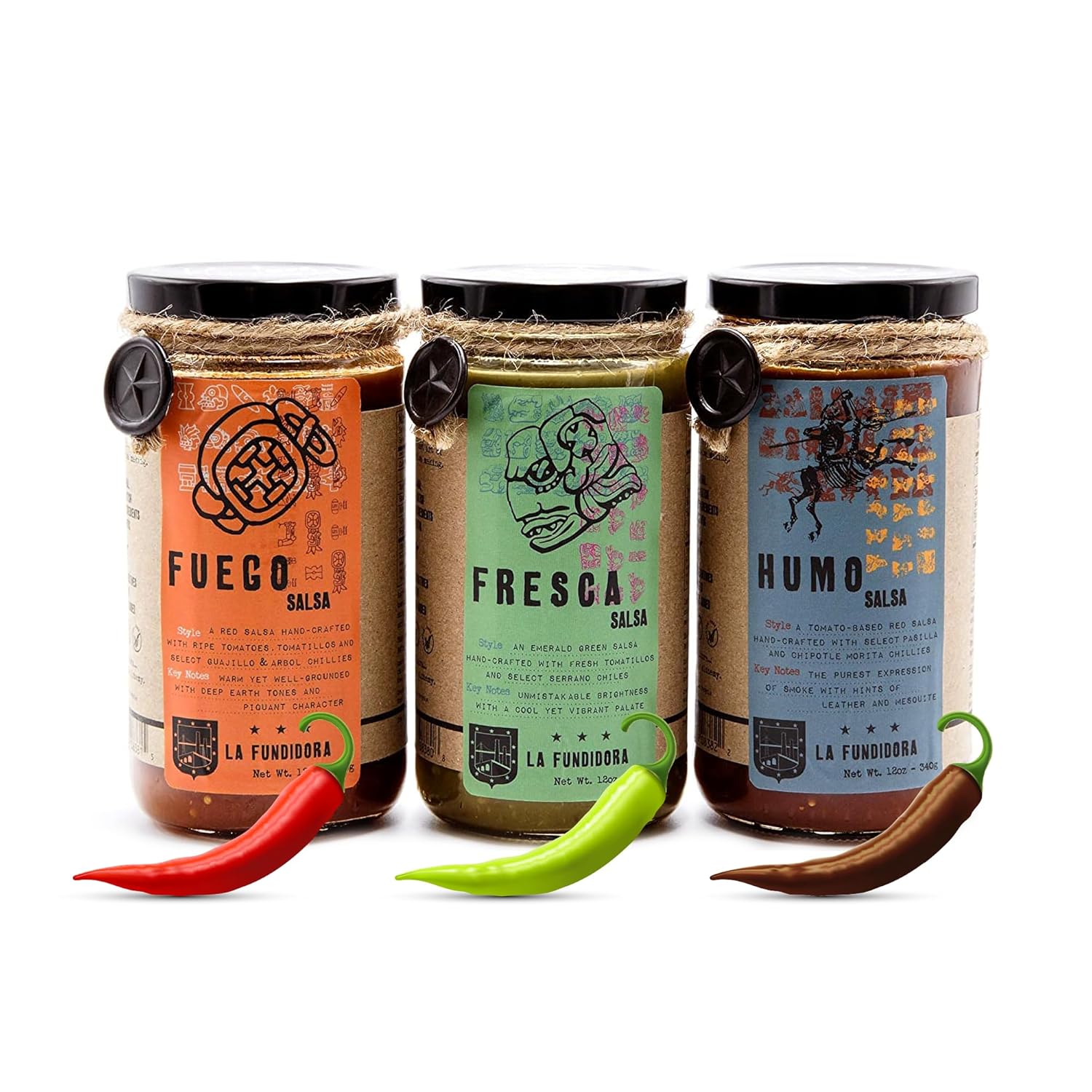 La Fundidora Trio Fresca, Fuego, Humo Salsas, Authentic Traditional Mexican Recipe, Smooth Homemade Spicy Dip, Fresh Small Batch - Variety 3 Pack
