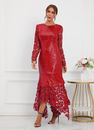 Sequins Floor-Length Hollow Asymmetrical Women's Maxi Dress Lace Dress Party Evening Dress
