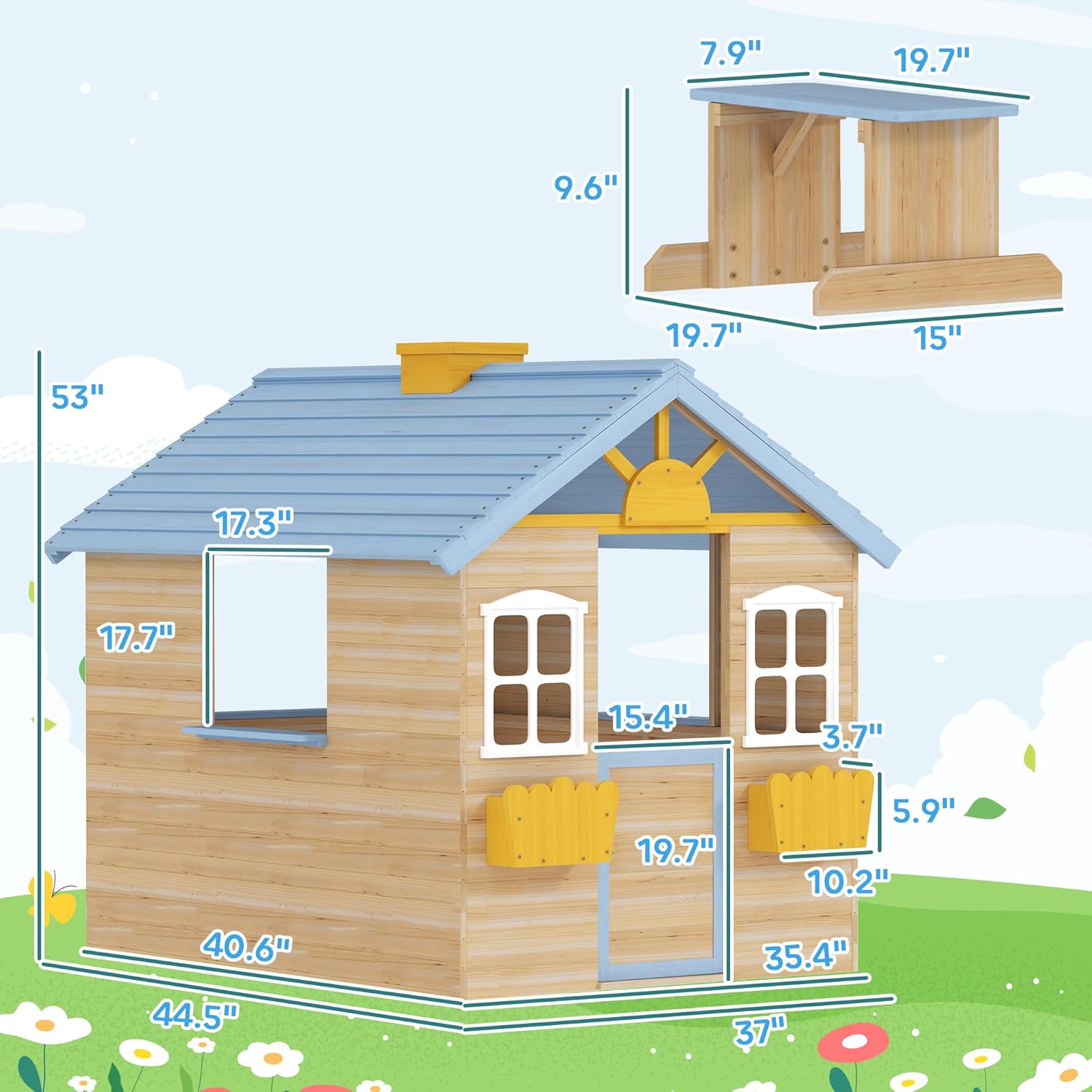 Outsunny Wooden Playhouse for Kids Outdoor Garden Pretend Play Games, Adventures Cottage, with Working Door, Windows, Bench, Service Station, Flowers Pot Holder, for 3-7 Years Old, Blue