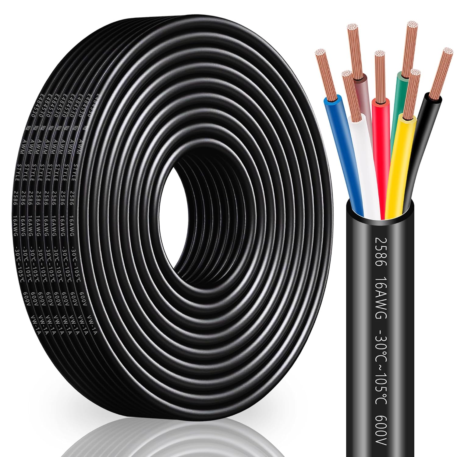 16 Gauge Wire 7 Conductor,16 AWG Electrical Wire Stranded PVC Oxygen Free Copper Trailer Cable Cord,26FT 16/7 Wire Pure Copper Flexible Cable (16AWG-7C, 26FT)