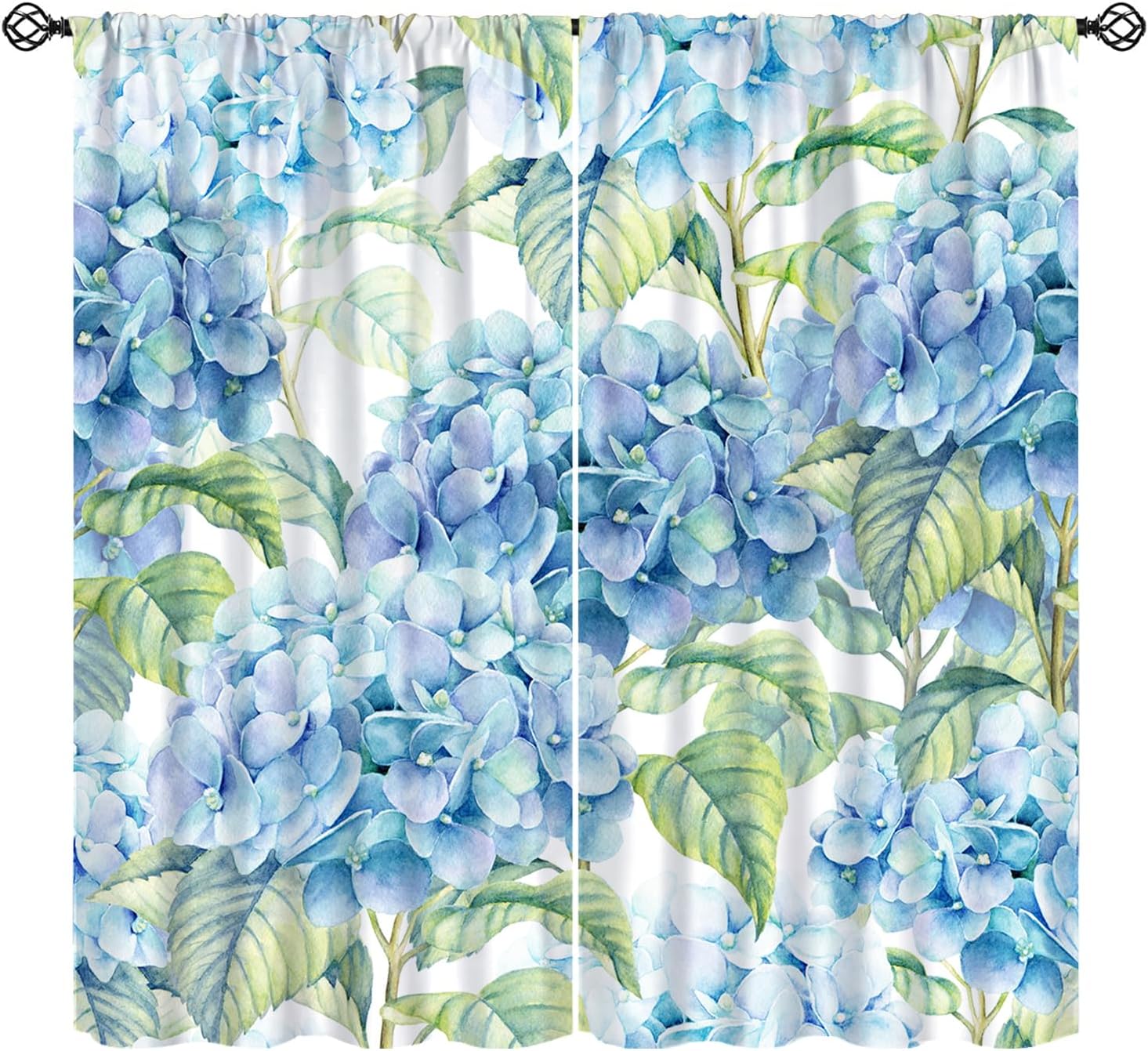 Hydrangea Curtains, Watercolor Blue Hydrangea Leaves Spring Floral Blackout Window Treatments, Rod Pocket Thermal Insulated Drapes 2 Panel Sets for Bedroom Living Room, 63" W X 72" L