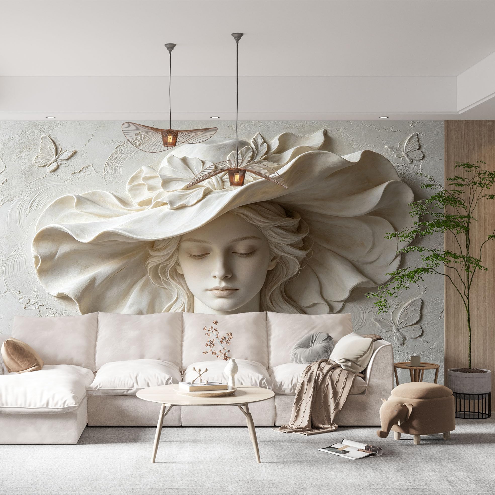 Fototapeta "Kobieta w kapeluszu kwiatowym" 3D Flower Woman Tapeta flizelinowa Art Nouveau Rzeźba Damska okładzina ścienna 371 x 280 cm Kremowy Beżowy Akcent Dekoracja Ścienna Do Salonu Sypialni TV