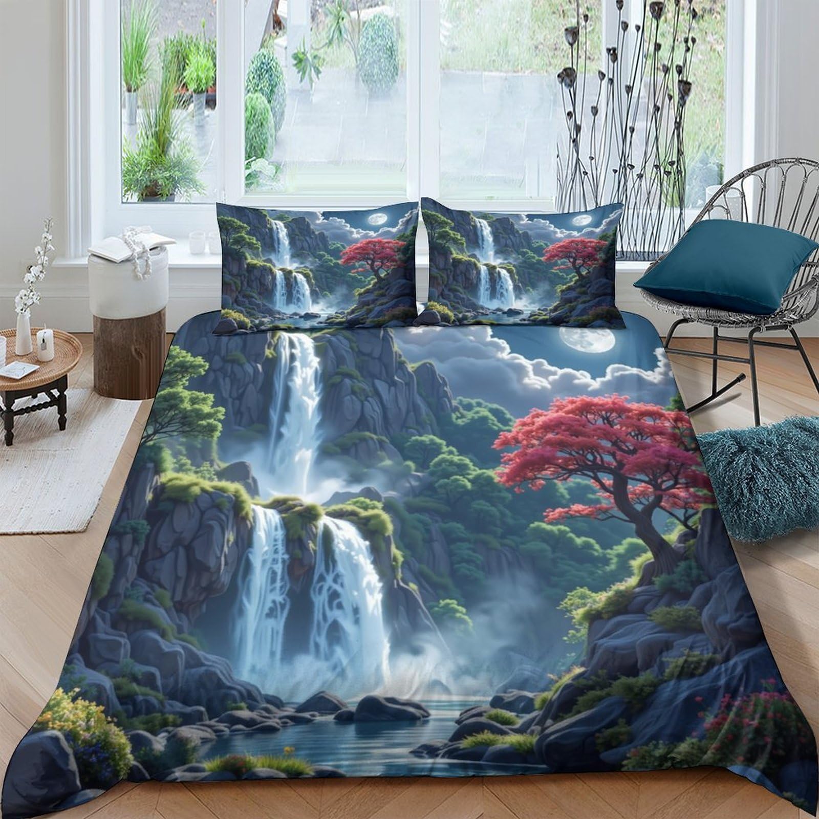 Ctjqhvkz Style-8 3D Printed Waterfall Landscape Fitted Sheet Microfiber Scenic Nature Red Tree Bed Cover For Bedroom Decor Single（135X200cm）