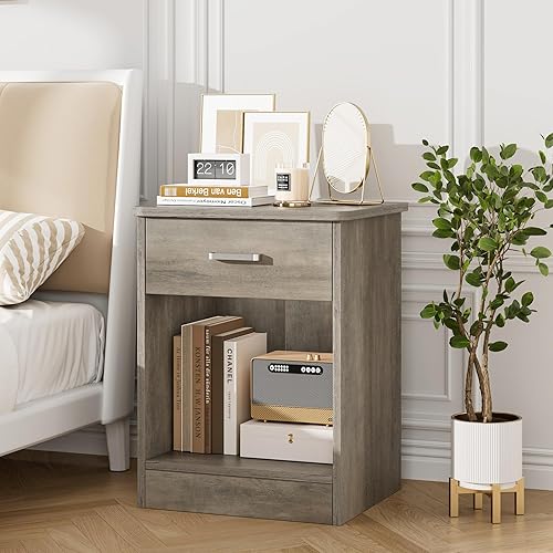 Miniatura 7 de FOTOSOK Juego de 2 mesitas de noche, mesa auxiliar de 2 niveles con cajón y estante de almacenamiento, mesa auxiliar de mesita de noche, mesita de