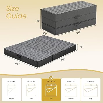 Tri Folding Mattress Full Size - 6 Inch Dual-Layer Memory Foam Foldable Mattress Portable Floor Bed Sofa with Removable Washable Cover, Handle & Non-Slip Bottom for Travel,RV,Camping,Guest,Yoga, Black