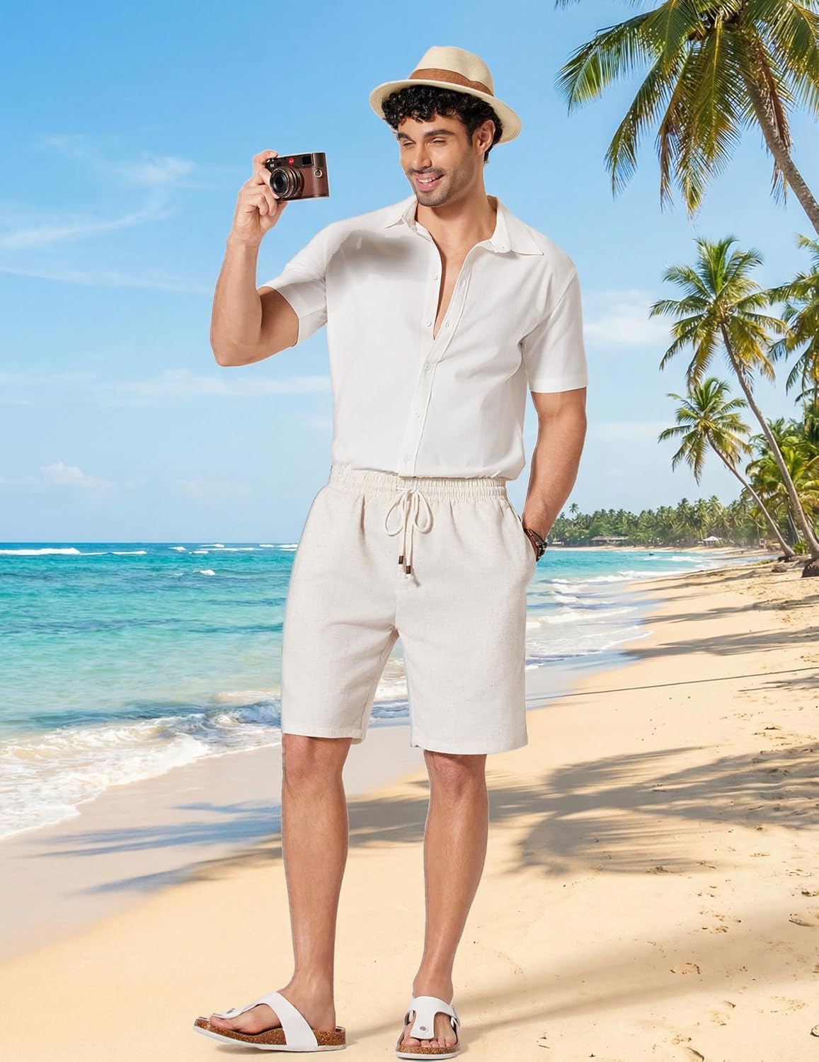 COOFANDY Men's Linen Shorts 9" Casual Summer Beach Shorts Elastic Waist Drawstring Vacation Short with Pockets - Image 4