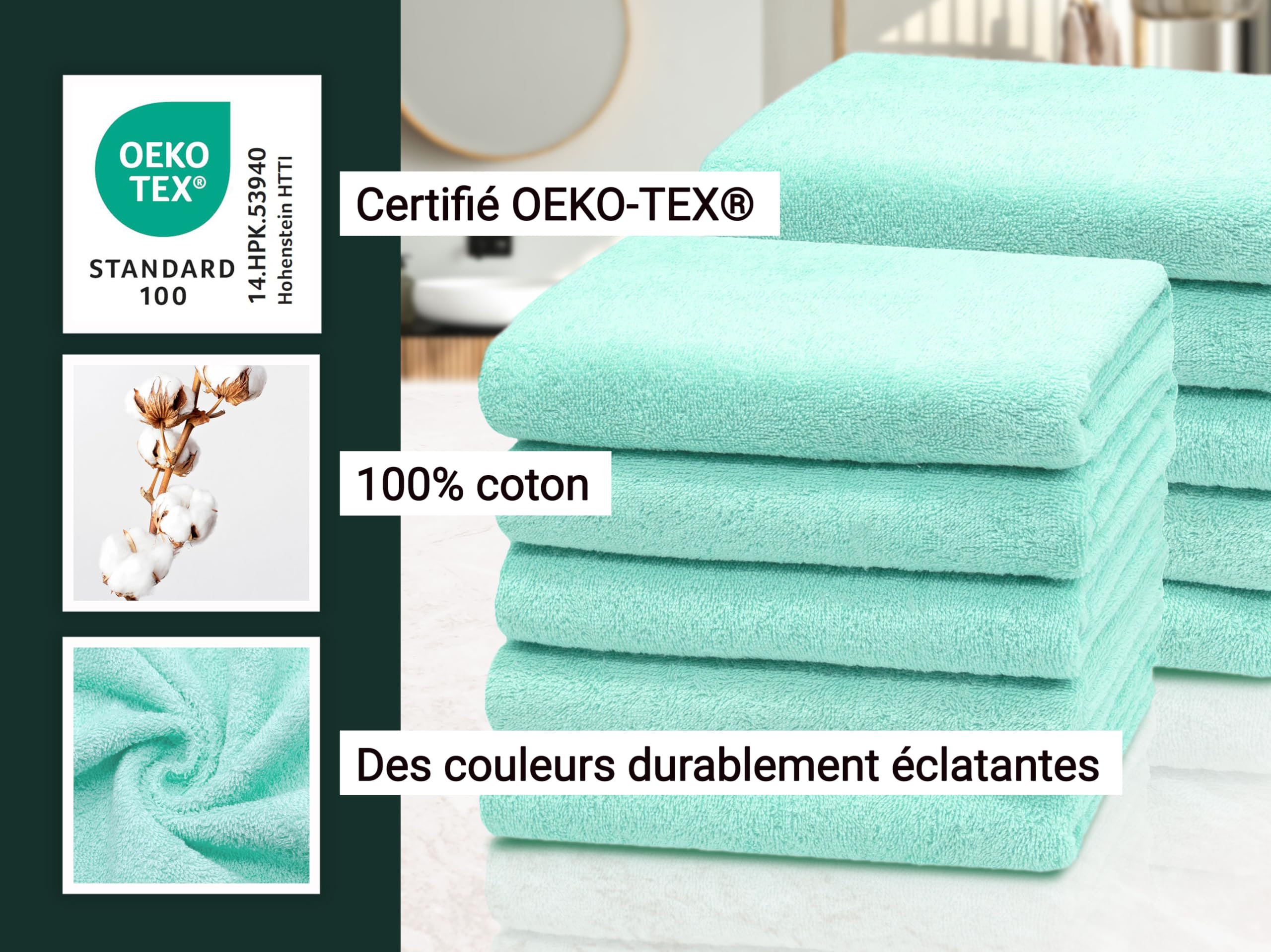 ZOLLNER Set de 10 Serviettes en 50x100 cm - Serviettes de Douche très absorbantes et Douces en Menthe - avec accroche Pratique - lavables à 95°C - Coton - qualité hôtelière