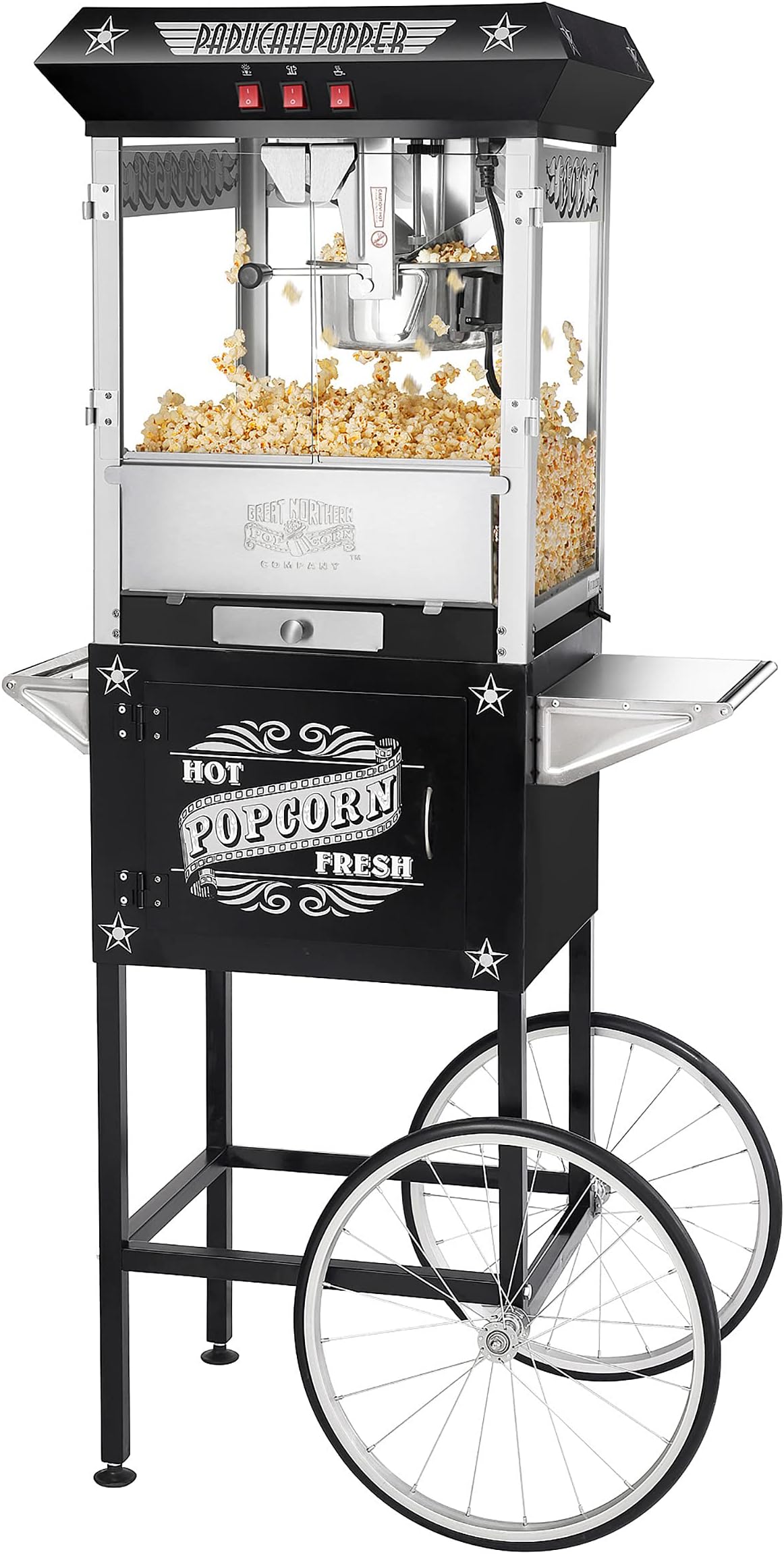 Paducah Popcorn Machine - 3-Gallon Antique Popper with Cart, 8oz Kettle, Old Maids Drawer, Warming Tray, and Scoop by Great Northern Popcorn (Black)