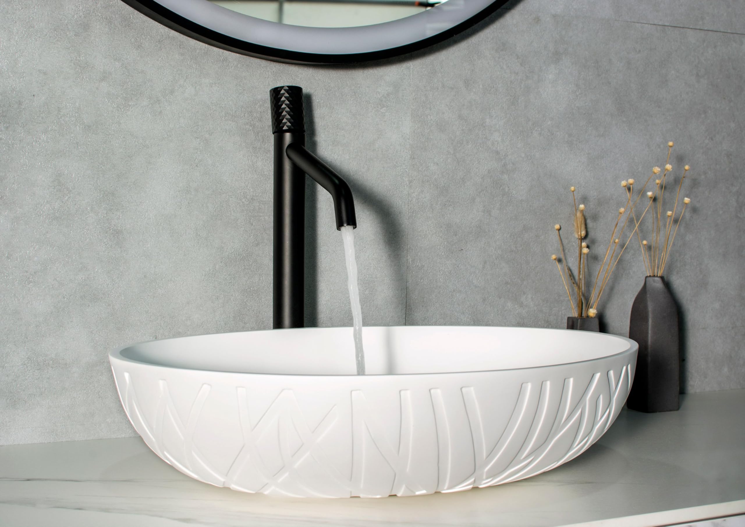 Lavabo di appoggio LEO in colata minerale (Solid Stone) - 50 x 40 x 12 cm - Bianco opaco, Con piletta Pop-up