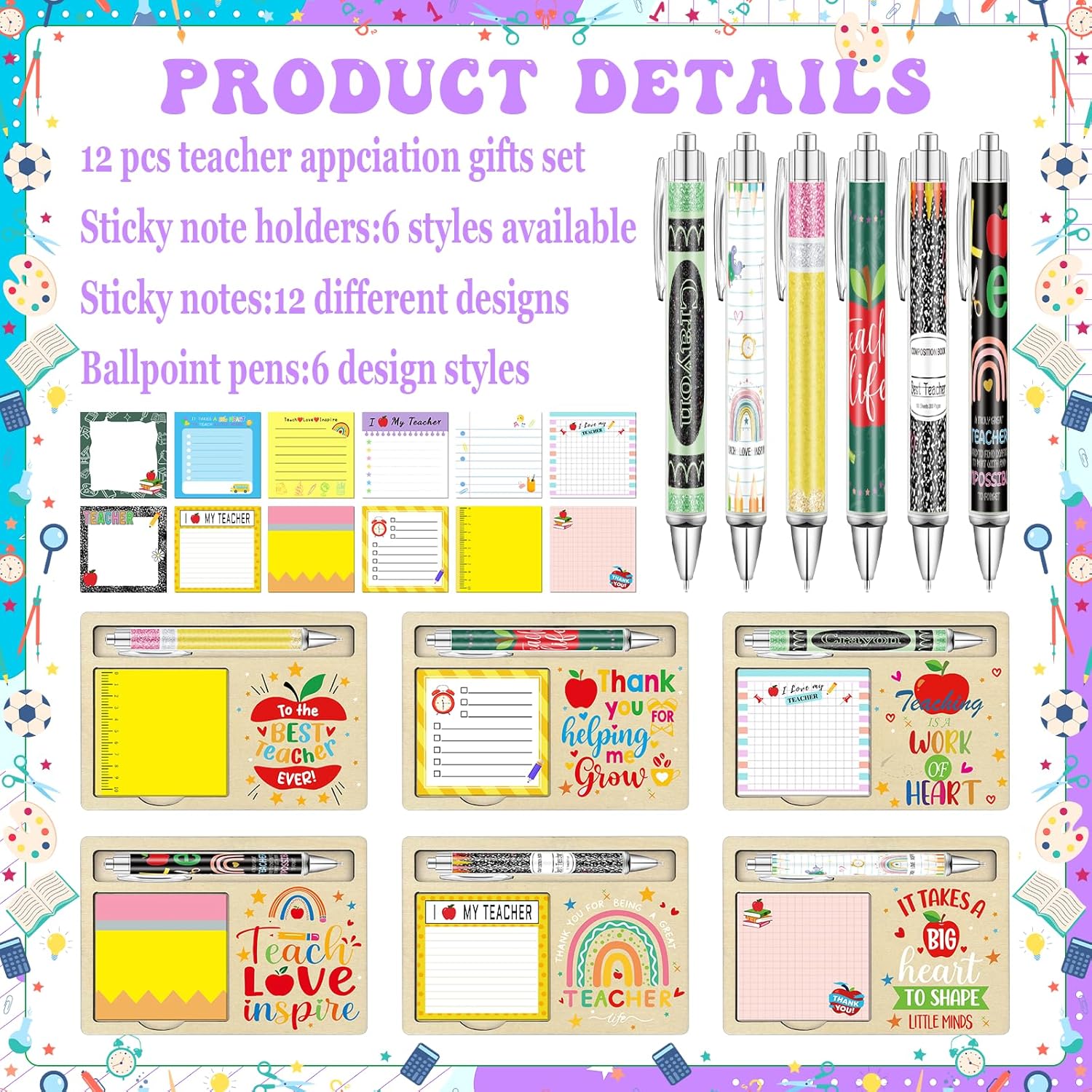 36 Pcs Teacher Appreciation Gifts in Bulk Set Wooden Pad Holder and Sticky Notes with Ballpoint Pens Wooden Sticky Note Holder Set Back to School Teacher Gifts Sticky Note Organizer for Classroom
