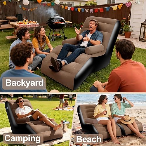 Miniatura 7 de Sofá inflable para campamento, sofá inflable para adultos con reposabrazos, superficie flocada impermeable, silla inflable para interiores, sillas