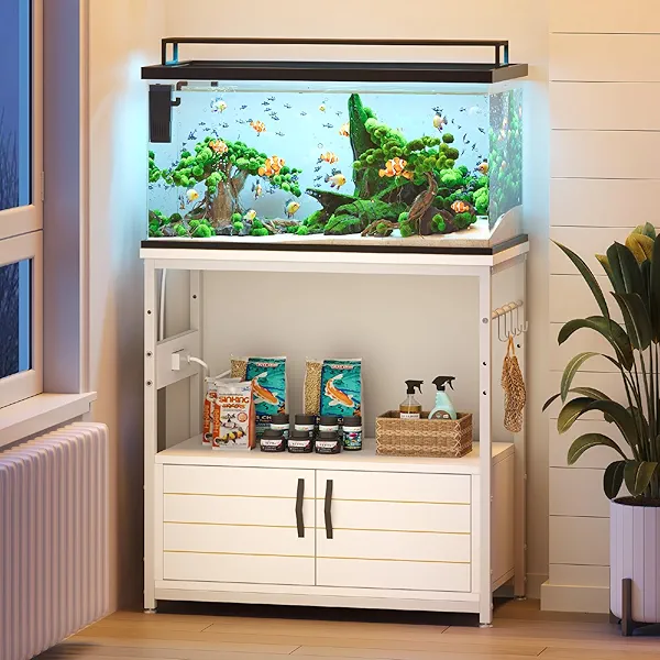 Bestier 20-29 Gallon Fish Tank Stand with Power Outlets, Metal Long Aquarium Stand with Storage Cabinet, 31x15 Reptile Terrarium Stand with Horizontal Gold Line, Stainless Hooks, 350 Lbs(Whi