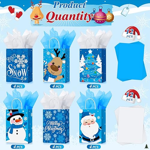 Miniatura 4 de 24 bolsas de papel kraft con asas, envoltura a granel con papel de seda, muñeco de nieve, tamaño pequeño