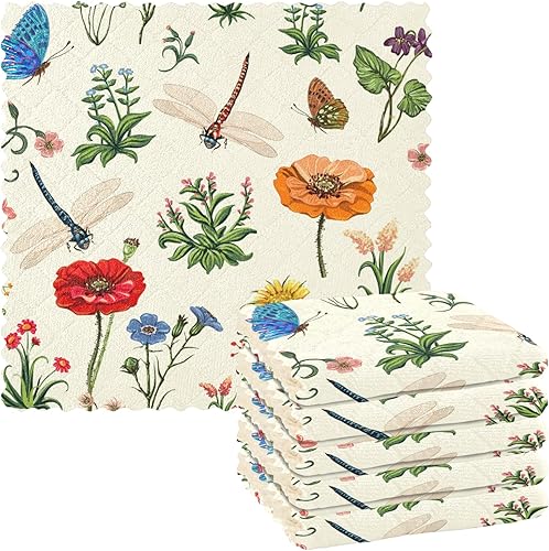 Emelivor Paños de limpieza de cocina de libélula de flores coloridas paquete de 6 paños de microfibra suaves de secado rápido paños de mariposa para