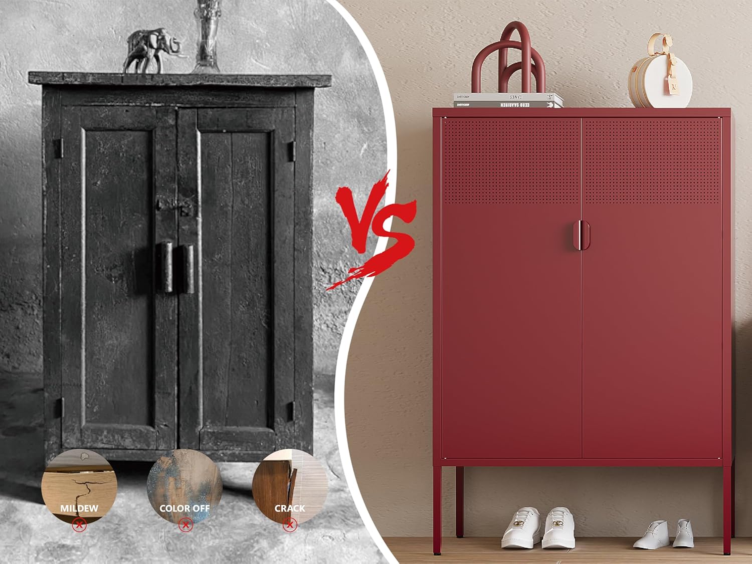 Metal Storage Cabinet,2 Door TV Stand, Metal Mesh Accent Cabinet,Magnetic Door Closure,Low Storage Cabinets with Doors and Shelves