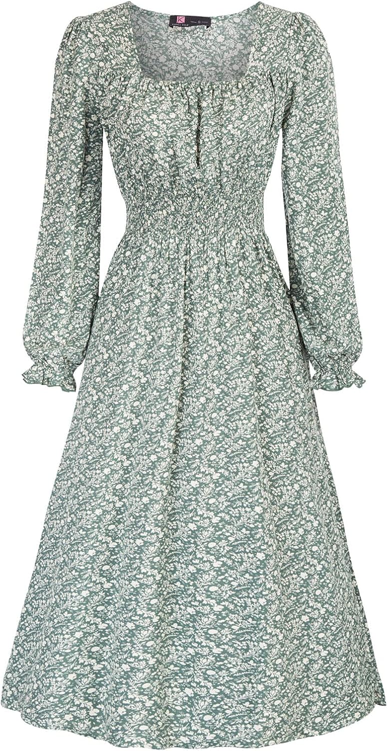 KANCY KOLE Women's Smocked Waist Dress Long Sleeve Ruffle Long Maxi Dress with Side Split S-XXL