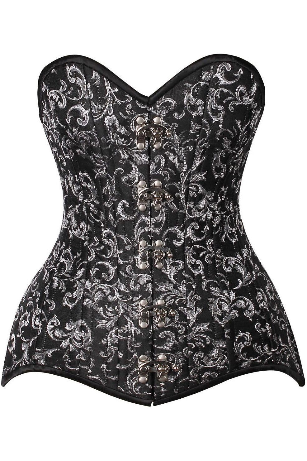 Daisy corsets womens Daisy Corsets Top Drawer Curvy Black Silver Brocade Double Steel Boned Overbust Corset