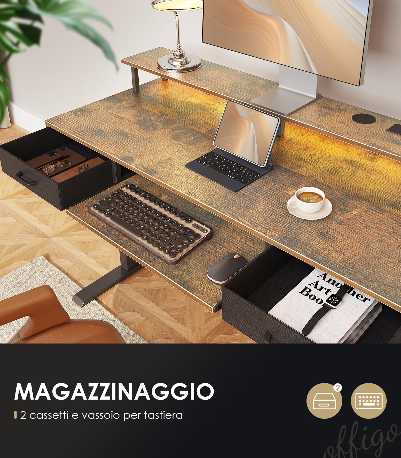 OffiGo Scrivania regolabile in altezza con cassetti, 120 cm, scrivania elettrica con ripiano per tastiera, scrivania per computer con supporto per monitor, Prese e LED Luce, Marrone
