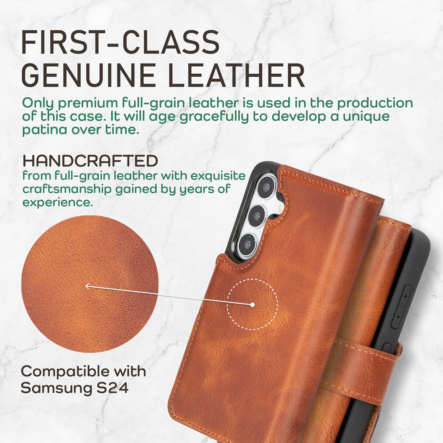 Bayelon Genuine Leather Wallet Case Compatible with Galaxy S24 Ultra, Tri-fold Flip Cover with Card Holder and RFID Protection (Vintage Brown)
