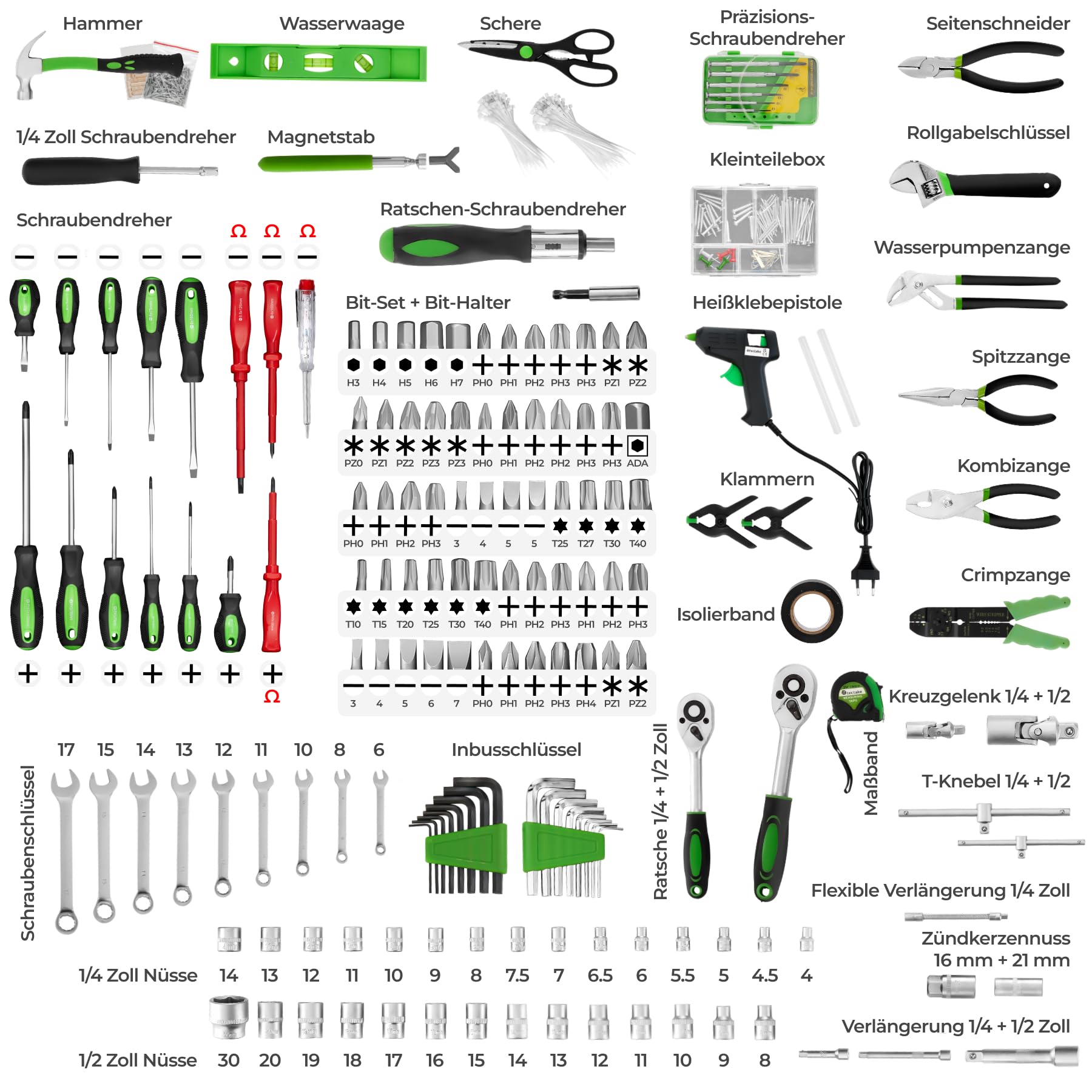 tectake® Werkzeugkoffer, Werkzeugset, Werkzeugkoffer gefüllt 1200-teilig, Werkzeugtrolley, Werkzeugkiste mit 4 Ebenen, Alu Koffer mit Rollen, Teleskopgriff, 2 Schnappverschlüsse + Schlösser - schwarz