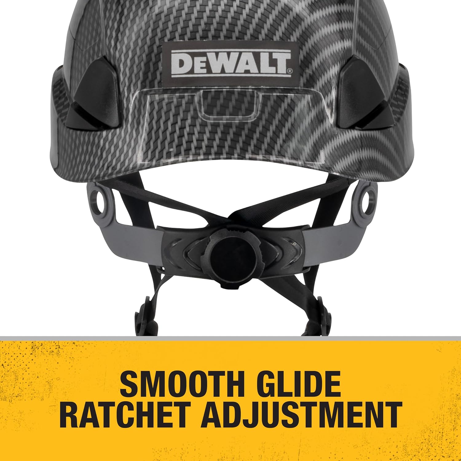 Close-up image of the smooth glide ratchet adjustment dial on the back of the DEWALT DPG22 helmet, showing how to adjust the fit.