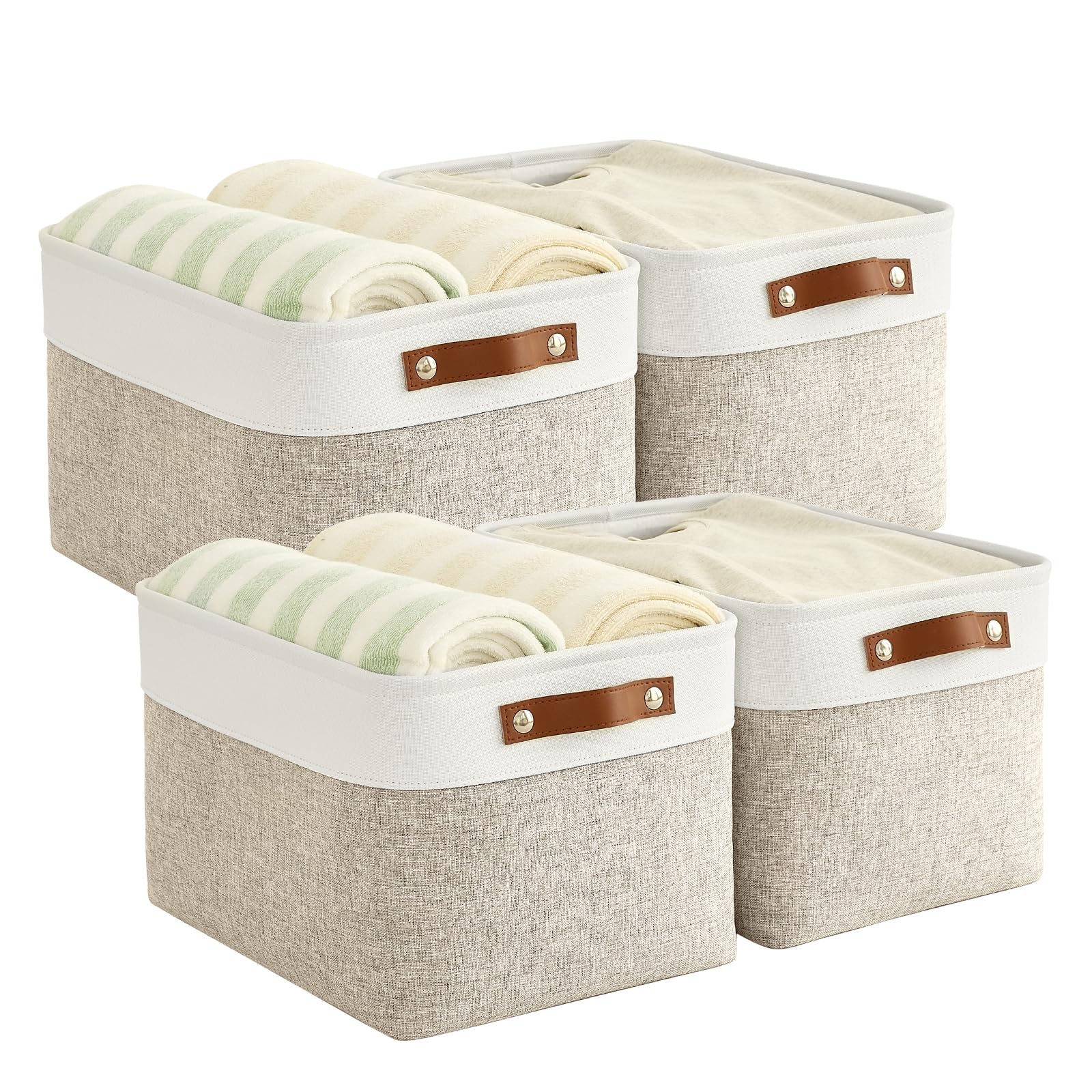 Bagnizer Foldable Storage Baskets for Shelves Closet 4PCS Fabric Large Organizer Box Bins with Handles Waterproof Canvas Box for Clothes, Pet Toys, Office Products, Bedroom 38x28x24CM Beige & White