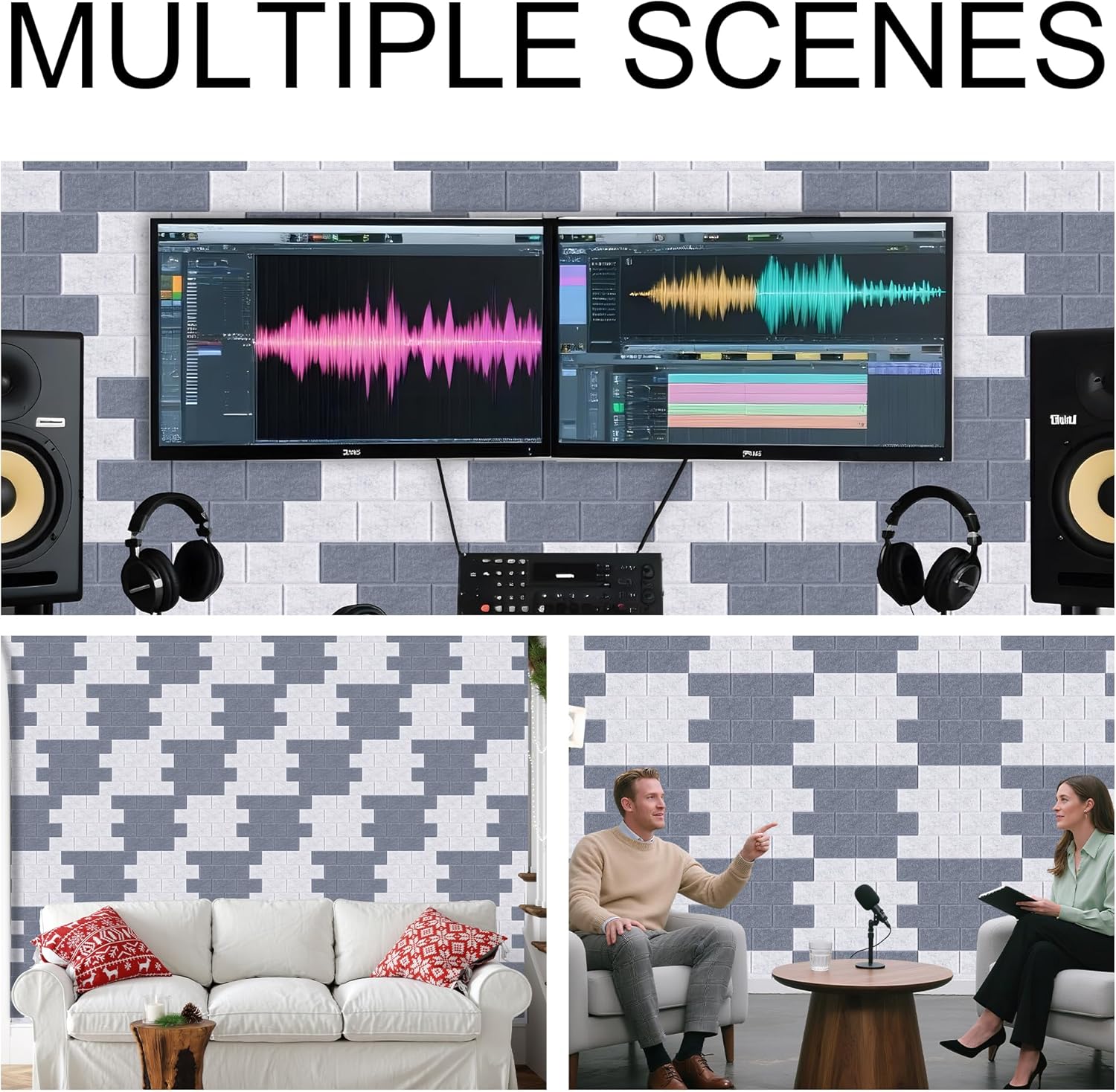 WoveN SounD Brick Acoustic Wall Panels Seamless Visual, High Density, Sound Proof Wall Decor, Noise Blocker Felt Wall Tiles for Home, Studio, Office & Focus Zones (Moon & Silver Gray), 16x12x0.4 Inch