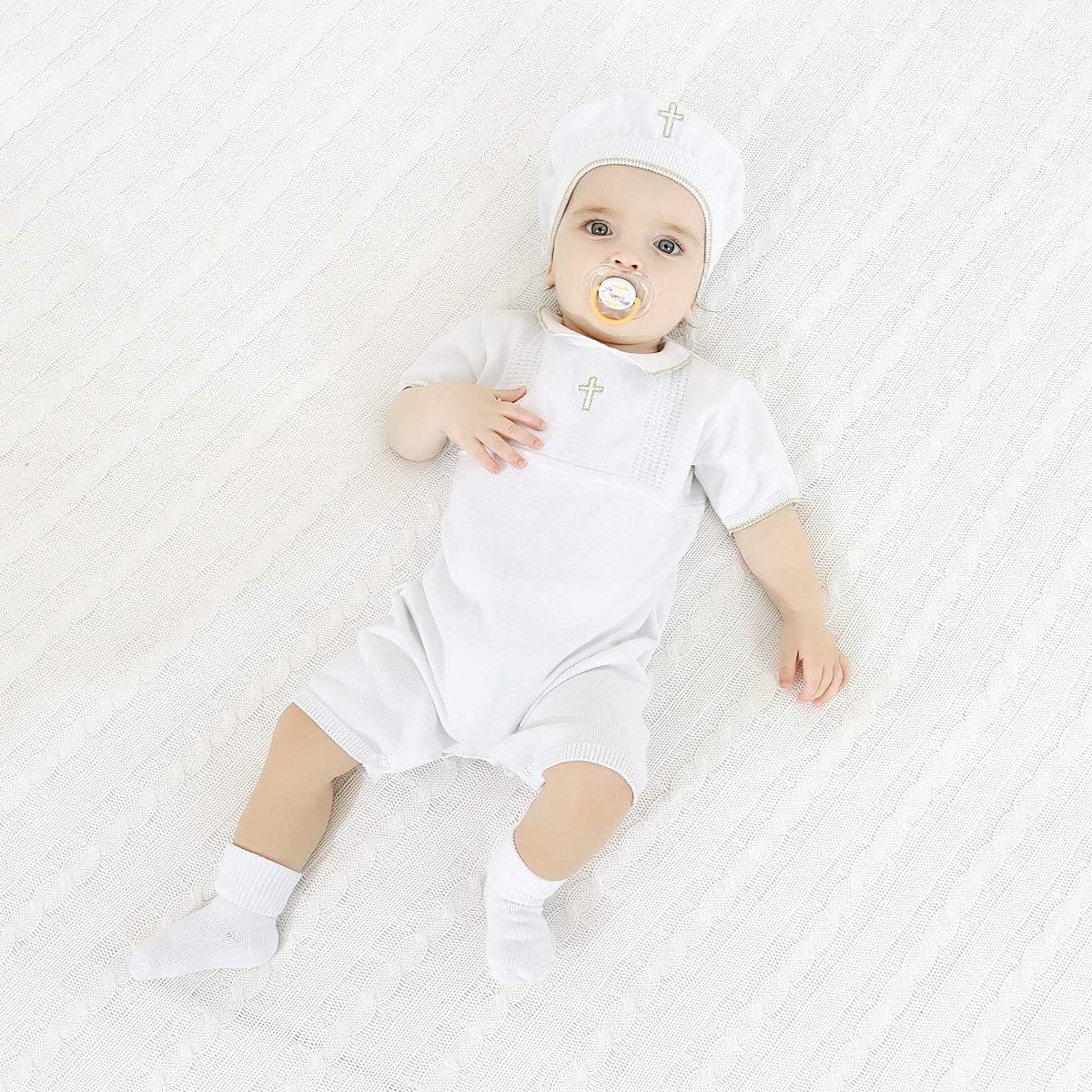 HAPIU Baby Boy Baptism Outfit with Hat and Socks,Christening Outfit-Cross Detail - Image 3