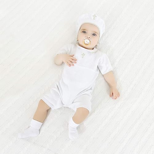 Miniatura 3 de HAPIU Traje de bautismo para bebé niño con sombrero y calcetines, traje de bautizo con detalle de cruz
