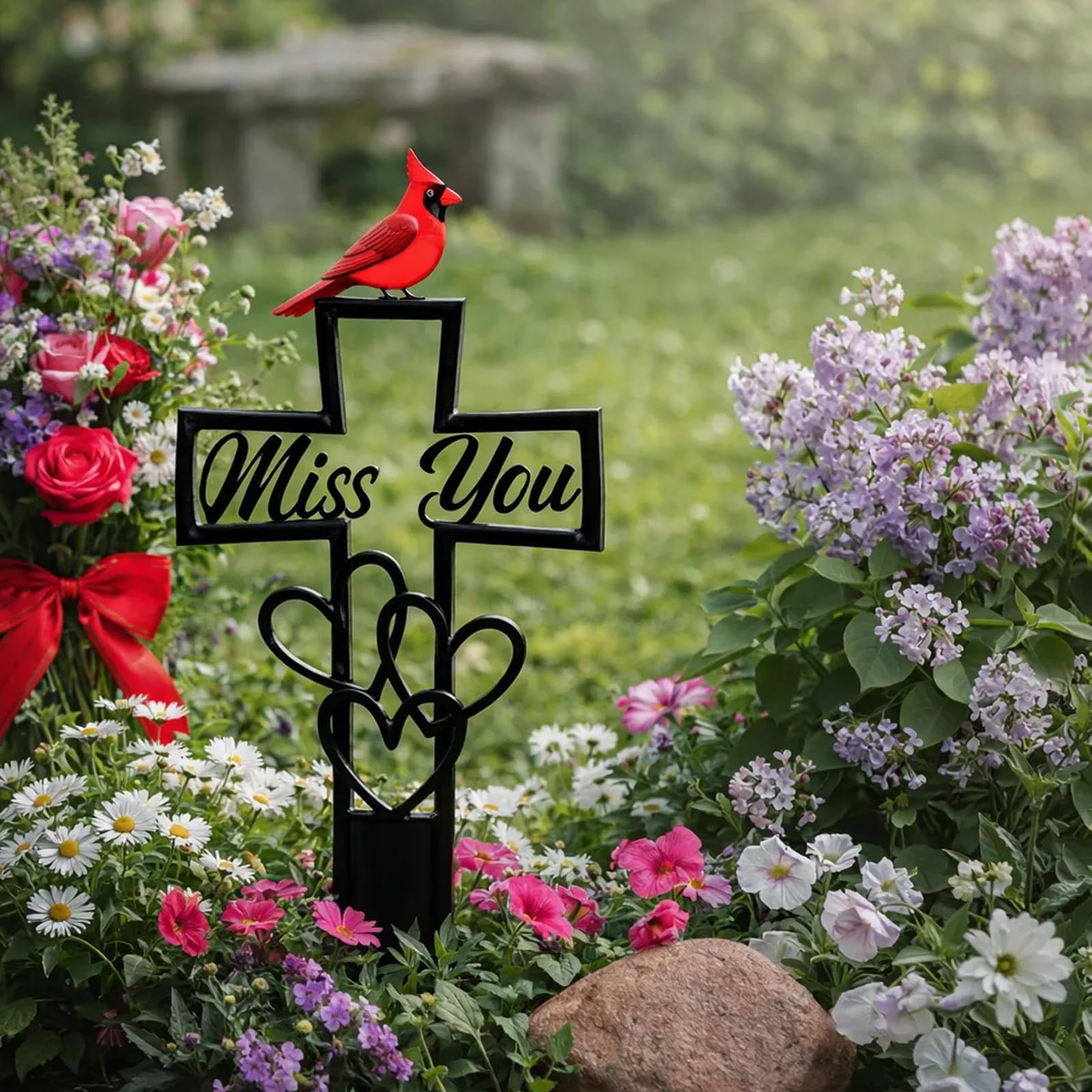 Metal Cemetery Memorial Plaque for Remembrance, Cardinal Memorial Grave Stakes Cross with Miss You Script & Heart Accent, Outdoor Ground Markers for Cemetery, Garden (1 PC) — view 7