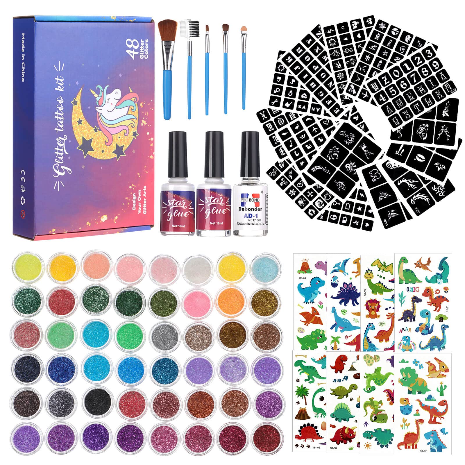 Solong Glitter Tattoo Kit for Kids - 48 Vibrant Colours, 318 Stencils & 10 Tattoo Stickers - Non-Toxic, Skin-Friendly & Long-Lasting Temporary Tattoos for Parties, Birthdays ZYH2209001KIT