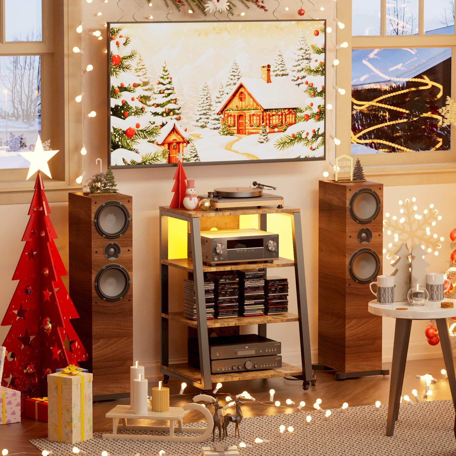 Lifewit 4-stufiger HiFi Regale mit Rädern und verstellbaren Ablage, Plattenspieler Tisch mit Steckdosenleisten und LED-Leuchten, AV-Medienständer Für Wohnzimmer/Heimkinoer, 60 x 55 x 90 cm, Schwarz