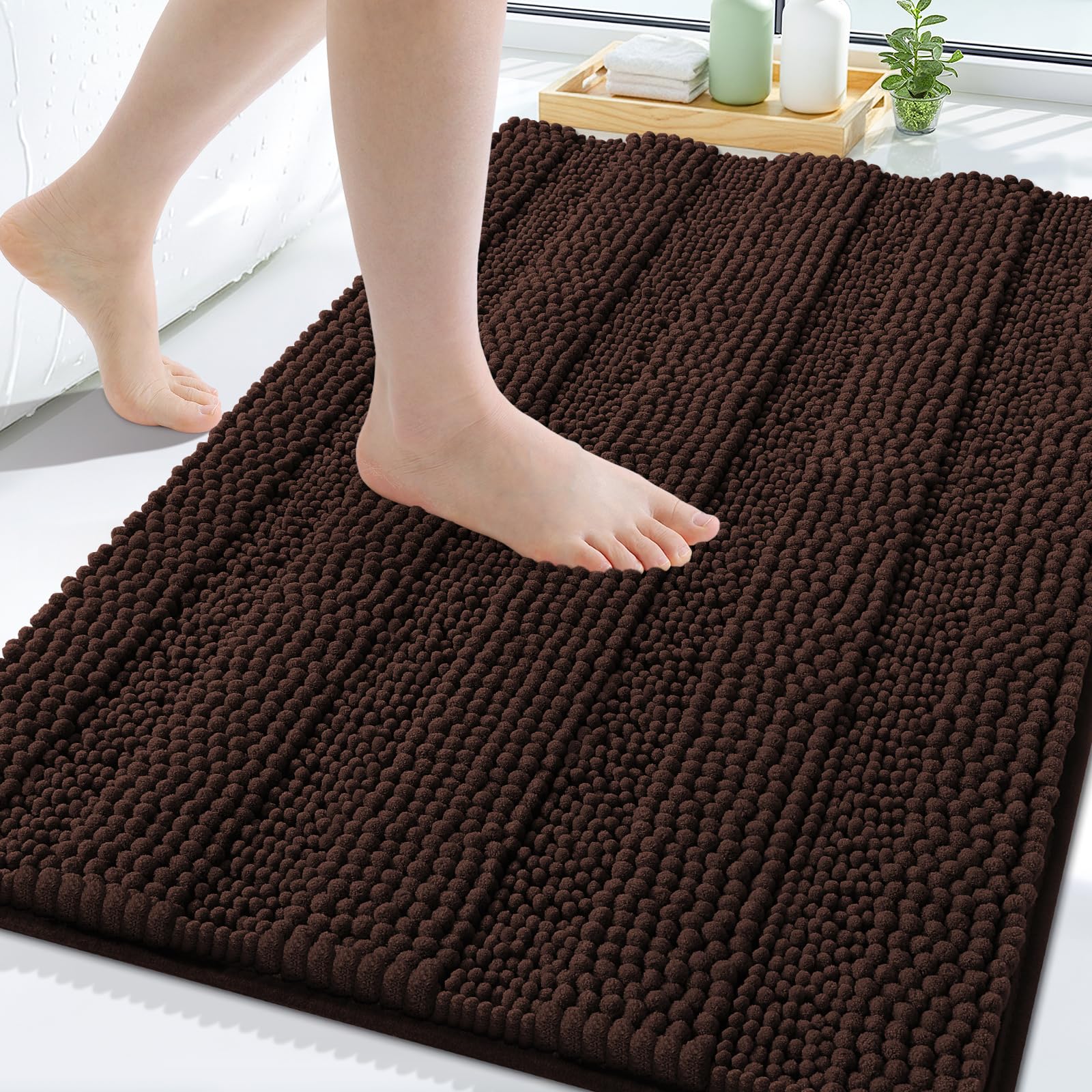 Grandaily Chenille Bathroom Rugs 59x35, Soft Bath Mats, Dark Brown