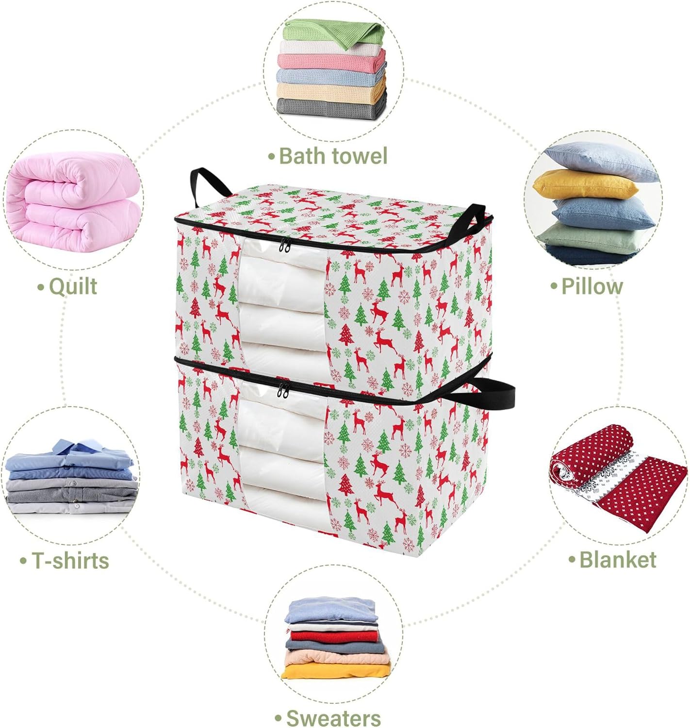 Burbuja 2 Pack Storage Bag Organizer with Handles for Clothes, Blankets, Bedding, Winter Tree Deer Foldable Storage Bag with Zipper & Clear Window, 95L
