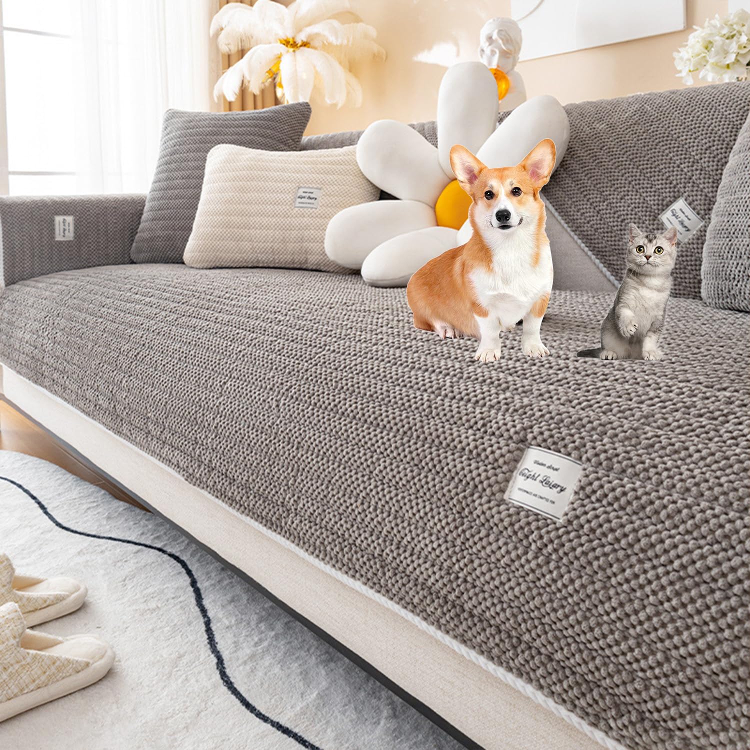 Housse canapé velours côtelé L antidérapante lavable | Protection grise 110 x 240 cm