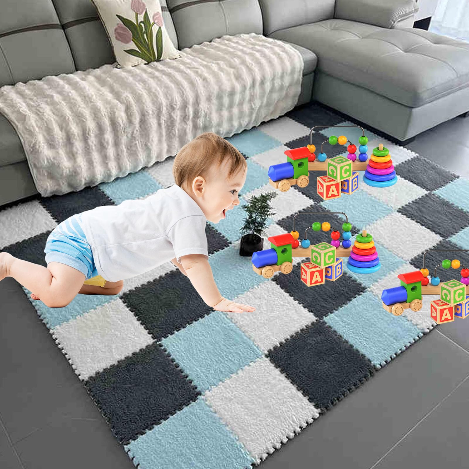 Piankowe płytki podłogowe, pluszowe, 30 x 30 cm, puszysta mata do zabawy do pokoju, pokoju dziecięcego, puzzle, dywan płytki z antypoślizgowym spodem, bezpieczna mata do raczkowania, morelowa