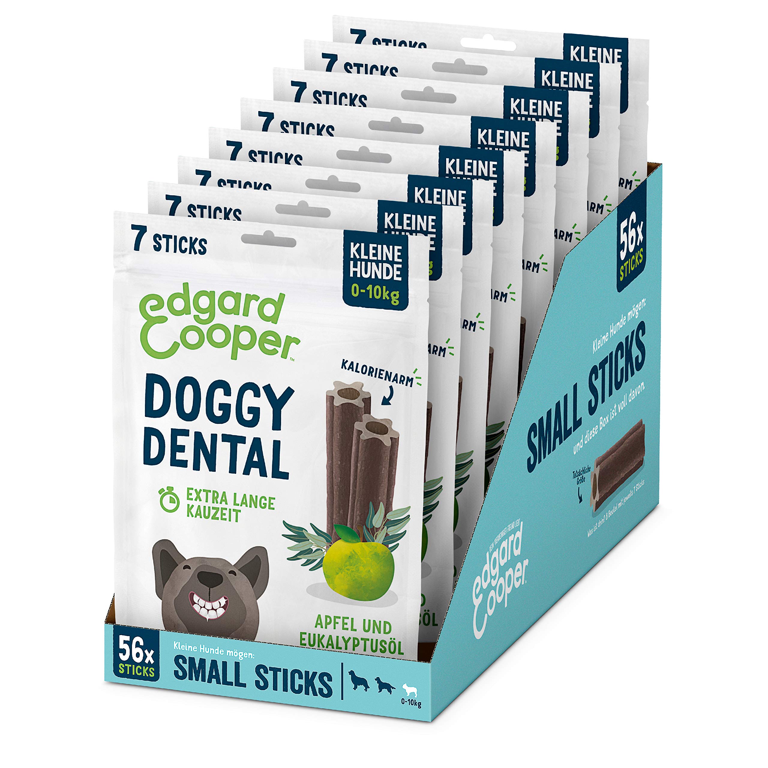 Edgard & Cooper Doggy Dental Sticks Lot de 8 paquets de 7 bâtons - haleine fraîche, dents fortes, mâcher longue durée (pomme et eucalyptus, petits chiens (1 pièce)