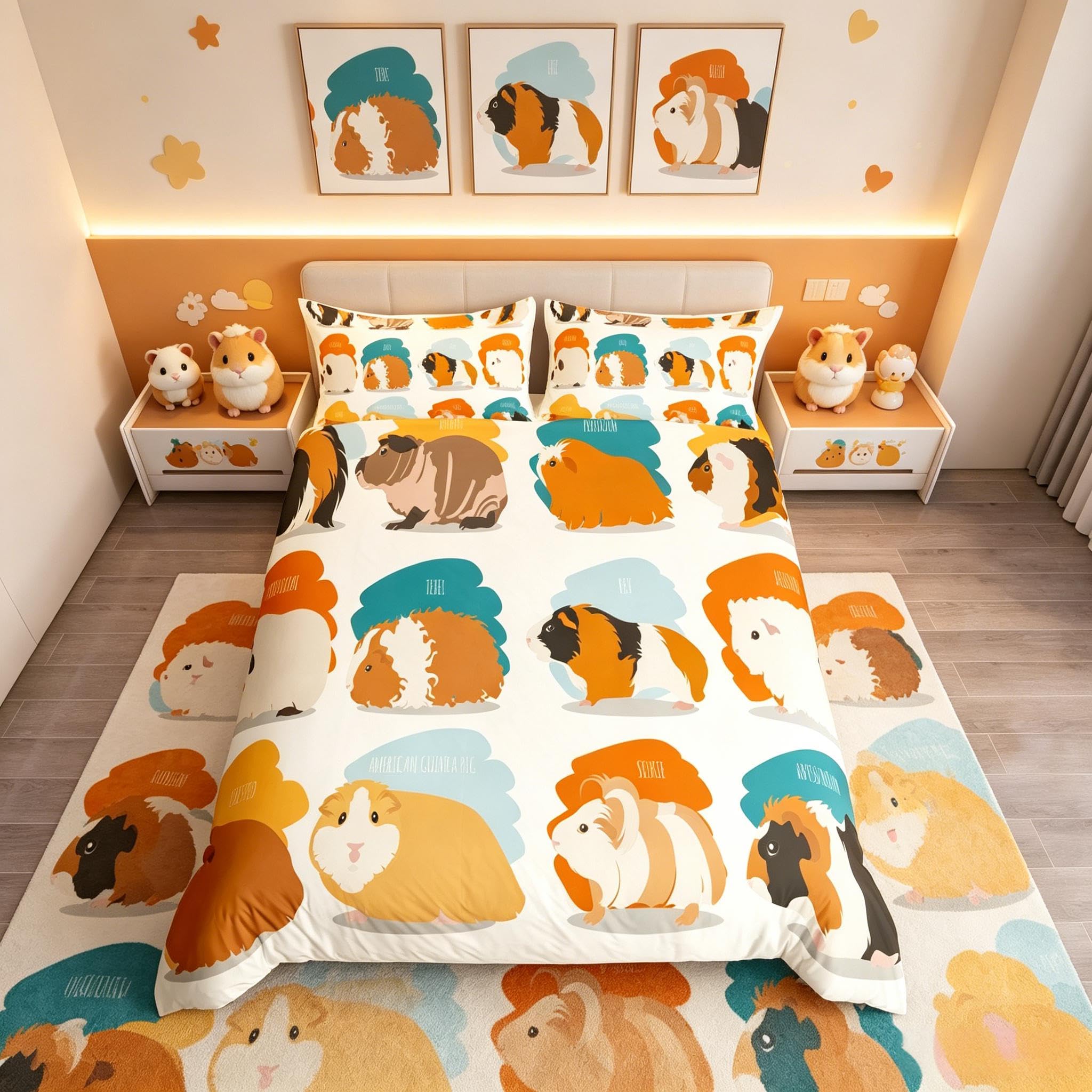 Loussiesd Guinea Pig Comforter Cover Double Size Pet Theme Bedding Set Animal Print Decorative 3 Pieces Cute Lovely Duvet Cover Set Orange Blue Bedspread Cover with 2 Pillowcase Zipper Lightweight — image 1