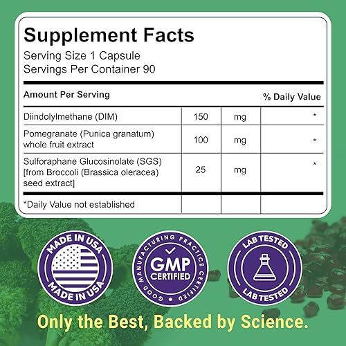 Vista 2 de DIM SGS+ Suplemento de 150 mg para mujeres y hombres - Apoya niveles hormonales saludables, estrógeno, metabolismo, desintoxicación - Semilla
