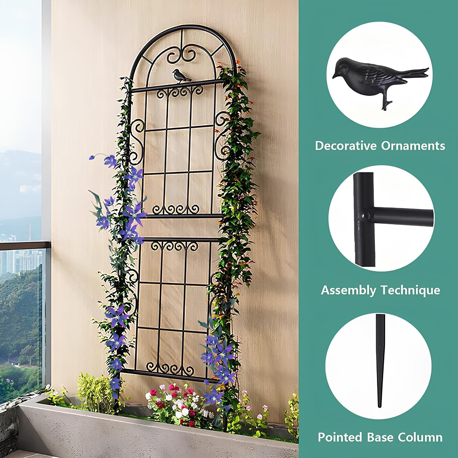 Tuteur pour Jardin 185/230 cm pour Plantes Grimpantes, Treillis en métal antirouille Support pour Plantes Grimpantes d'Extérieur(Black,W52xH230cm)
