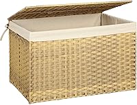 SONGMICS 160L Woven Storage Basket with Lid & Handles - Foldable Blanket Bin, Removable Liner, Sturdy Metal Frame, Natural for Bedroom Laundry