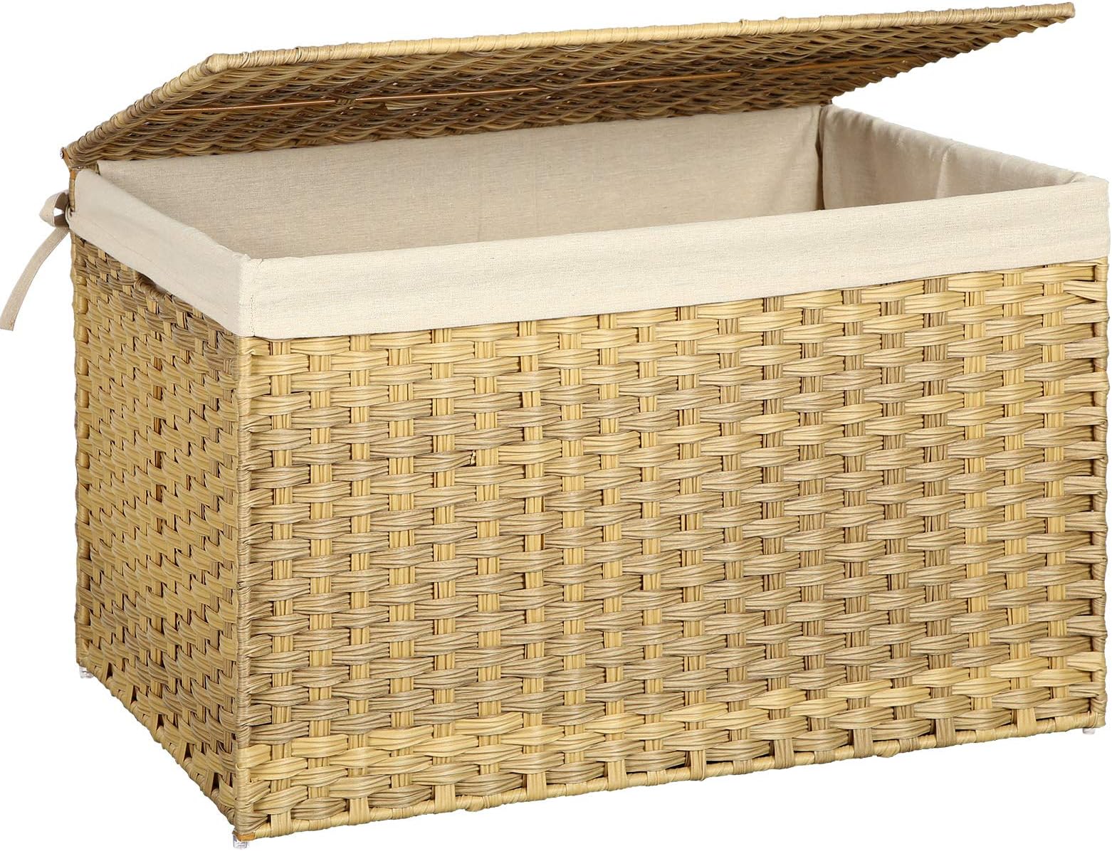 Storage Basket with Lid, Woven Blanket Storage Bin with Handles, Foldable, Removable Liner, Metal Frame, for Bedroom, Laundry Room, 42.3 Gallons (160 L), Natural URST76NL